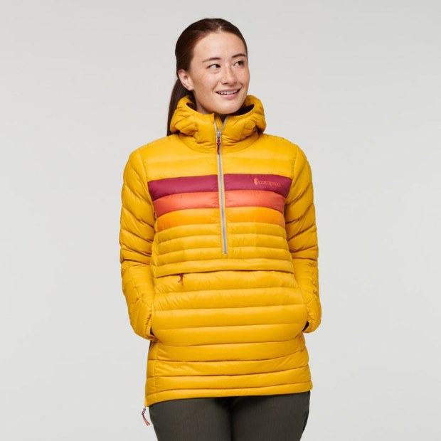 Cotopaxi Fuego Down Hooded Pullover Women Hot Amber Stripes